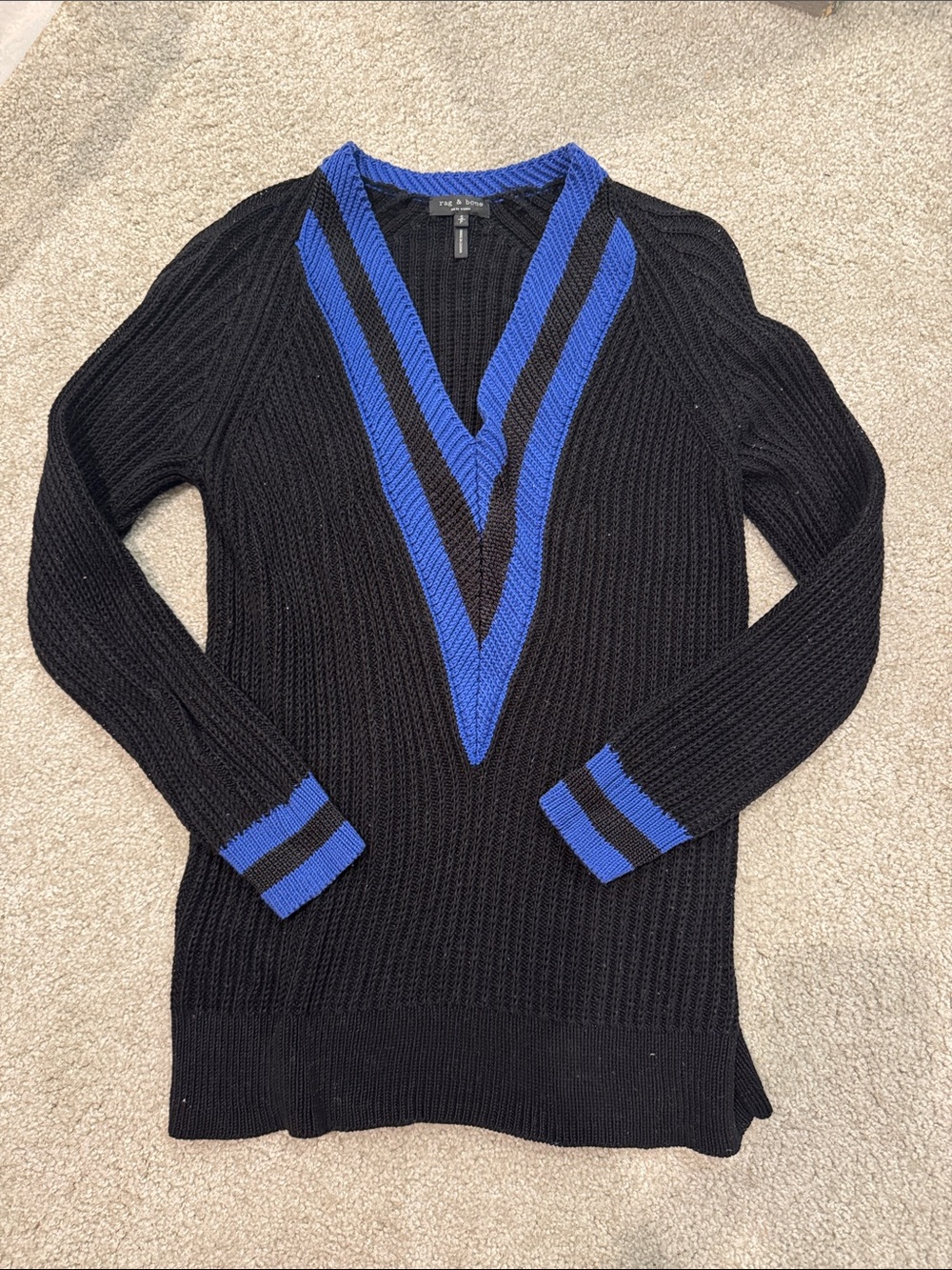 rag & bone Black V-Neck Sweater with Royal Blue Trim